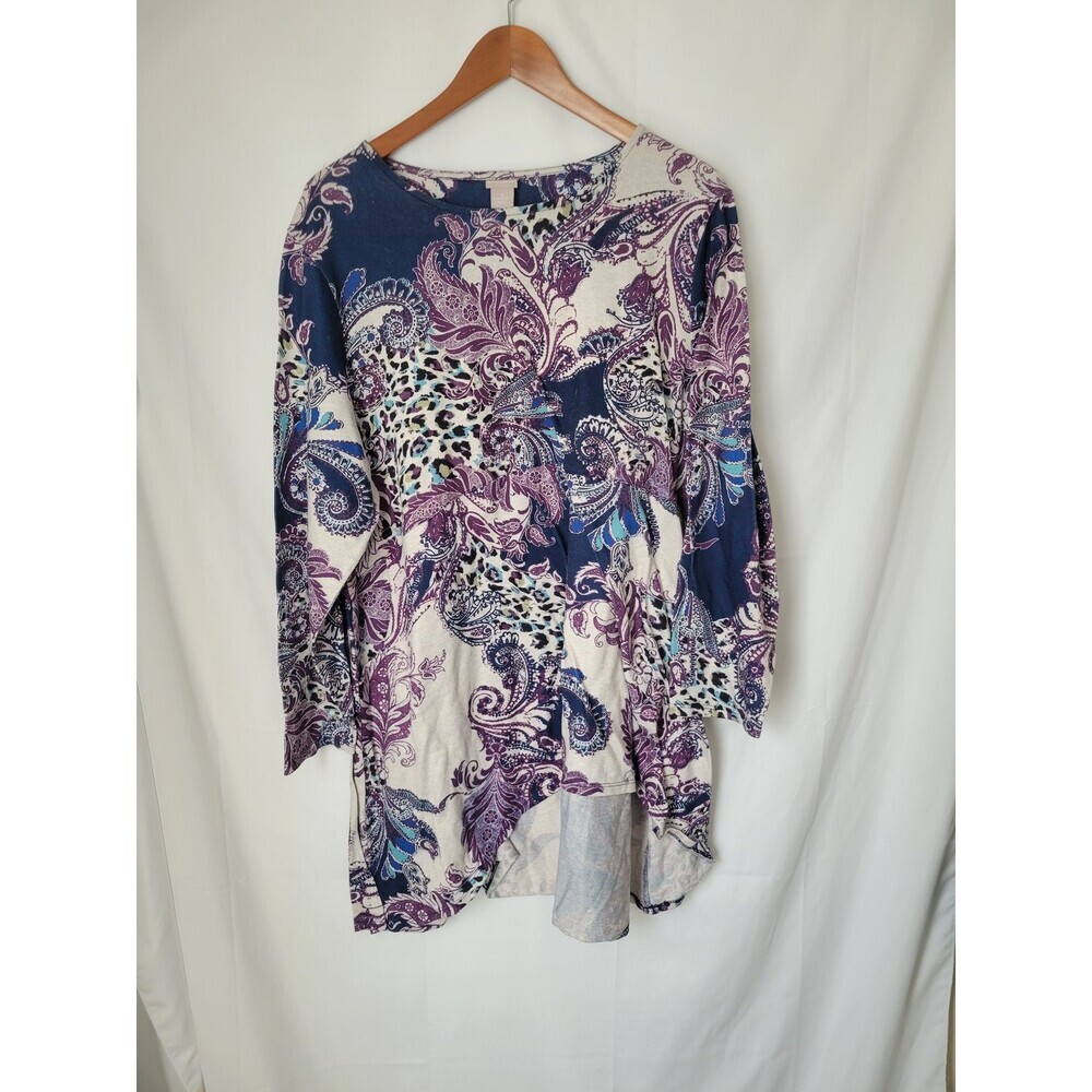 Chico's Women's XXL Purple Blue Paisley Leopard Print Knit Tunic Top